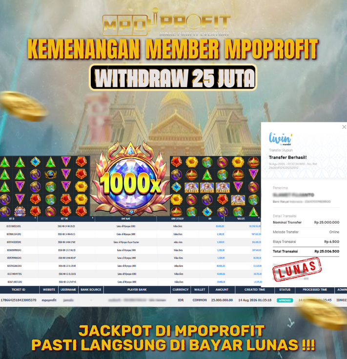 MPOPROFIT JACKPOT SLOT PRAGMATIC! KEMENANGAN MURNI DI (GATES OF OLYMPUS 1000 TOTAL 25.000.000,- LUNAS)